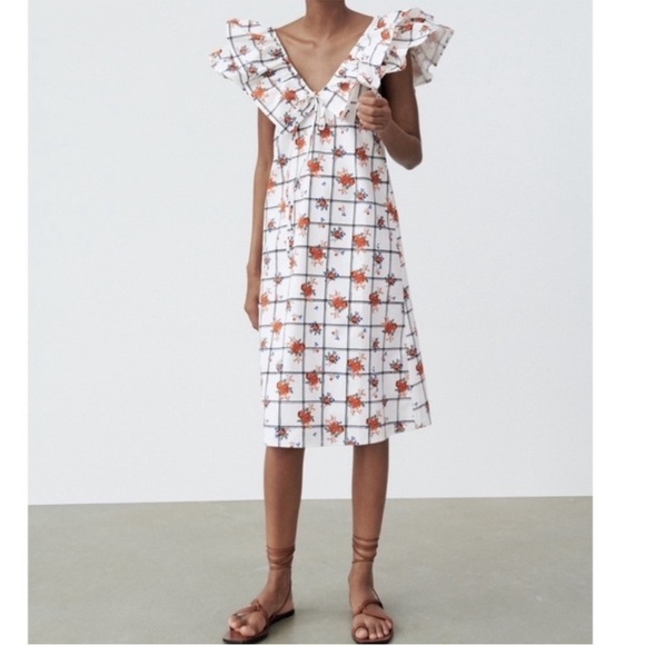 ZARA White floral ruffle dress size M - Picture 2 of 11